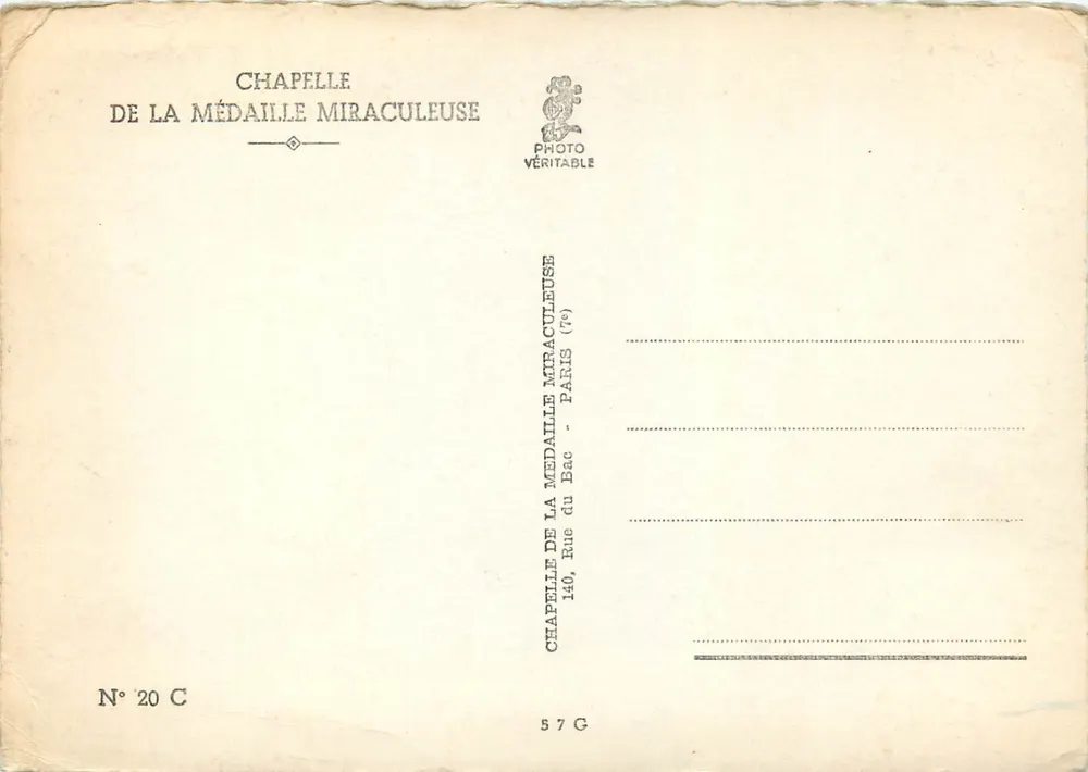 Intérieur de la chapelle de la Médaille Miraculeuse — vue de l'autel et des fresques — éditeur PHOTO VÉRITABLE, n° 20 C - Verso