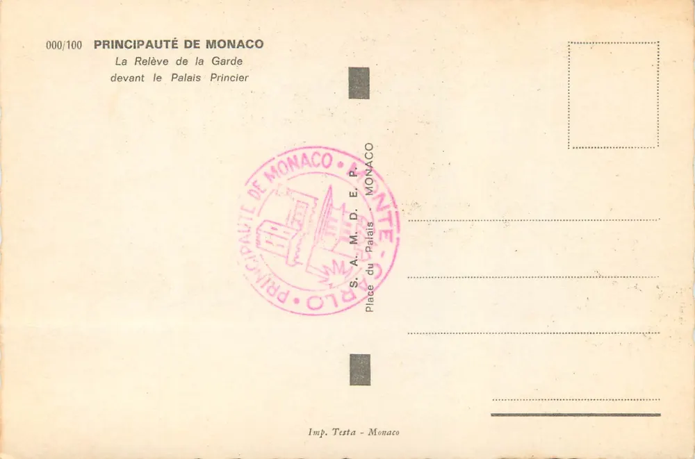 Die Wacheübergabe vor dem Palast des Fürsten — Fürstentum Monaco — Imp. Testa, Nr. 000/100 - Rückseite