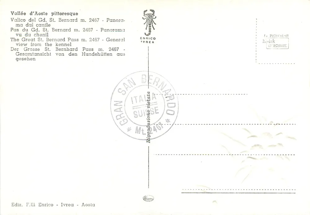 Pittoreske Tal der Aosta — Ansicht des Grand St. Bernard-Passes m. 2467 — Ediz. F.lli Enrico - Ivrea - Rückseite