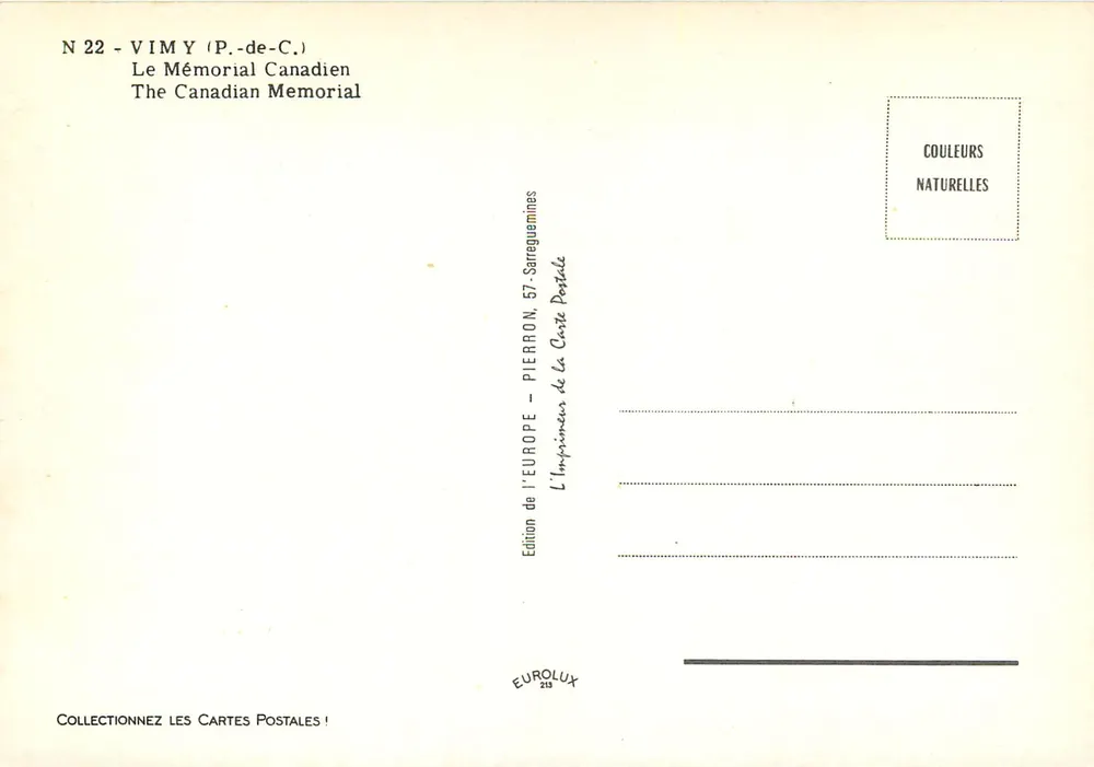 Vimy (P.-de-C.) — O Memorial Canadense — Imprensa da Europa, 57, Pierron - Verso