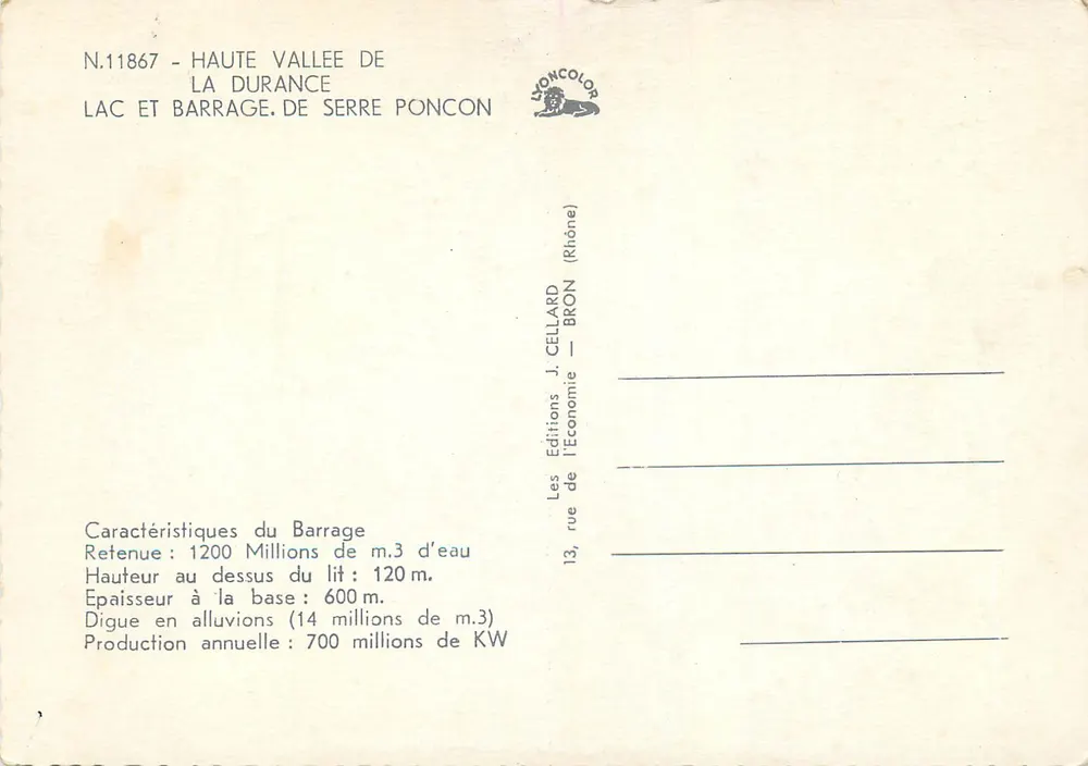 Barrage de Serre Ponçon — Dauphiné — Éditions J. Cellard - Verso