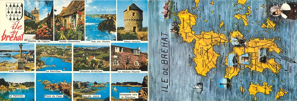 Ilha de Bréhat — Cartão postal ilustrado com vista geral, farol, capela e mapa da ilha — editor C.A.P. n° 30 - Frente