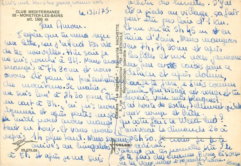 Clube Méditerrâneo — Monetier-les-Bains — Edições 'La Cigogne' - Verso