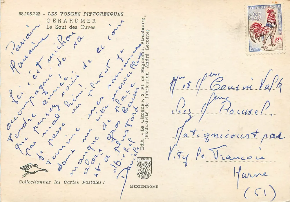 Les Vosges Pittoresques — Le Saut des Cuves — Édit. La Cigogne, Strasbourg - Verso