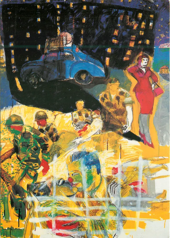 Stadt Nacht — Straßenszene mit Soldaten und Frau in Rot — Ausstellung Jean-Jacques Surian, Espace Ecureuil, Marseille - Vorderseite