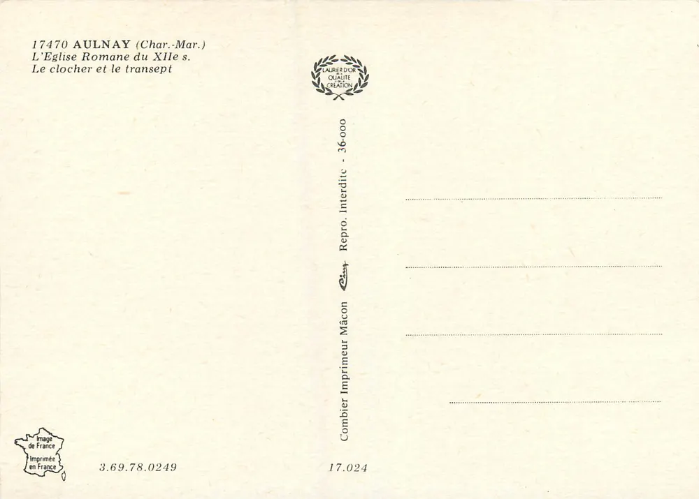 Aulnay (Charente-Maritime) — romanische Kirche des 12. Jahrhunderts — Verlag Cing, Nr. 36.000 - Rückseite