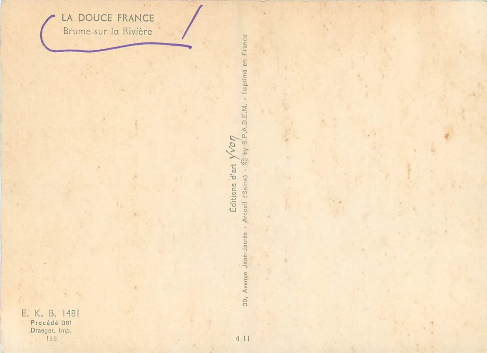 Château dans la brume — sur la rivière — Éditions d'art Yvon, n° 1481 - Verso