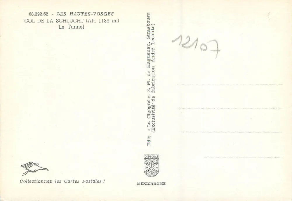 Col de La Schlucht — Tunnel — Verlag Diplôme de la France, Nr. 68.392.62 - Rückseite