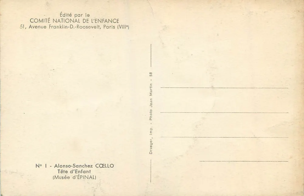 Cabeça de Criança — Museu de Épinal — Editado pelo Comitê Nacional da Criança, Paris (VIII*) - Verso