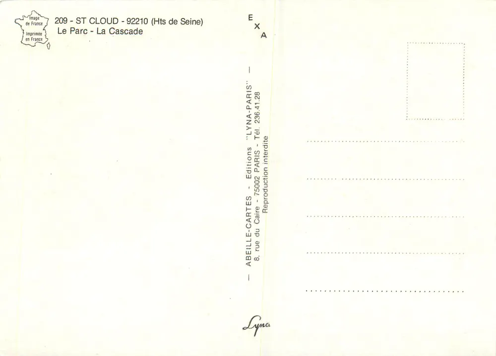Saint-Cloud — O Parque - A Cascata — Éditions Abeille-Cartes - Verso