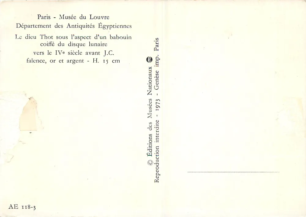 Thot in der Gestalt eines Schimpansen — mit dem Mondkreis — Musée du Louvre, Éditions des Musées Nationaux 1973 - Rückseite