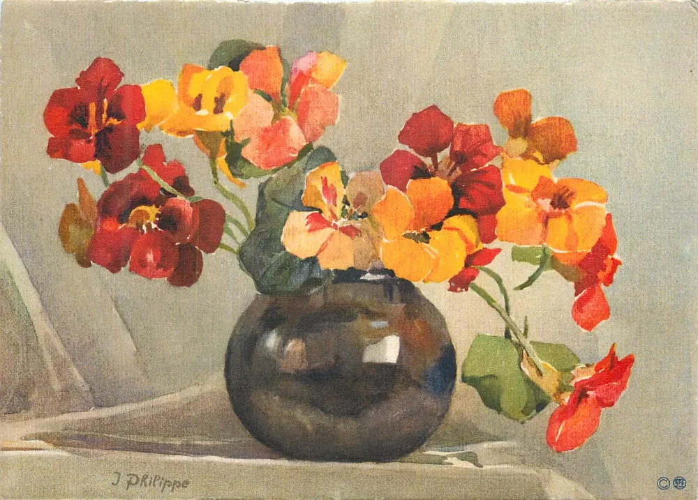 Nasturtiums dans un vase — peinture à l'huile — J. Philippe - Frente