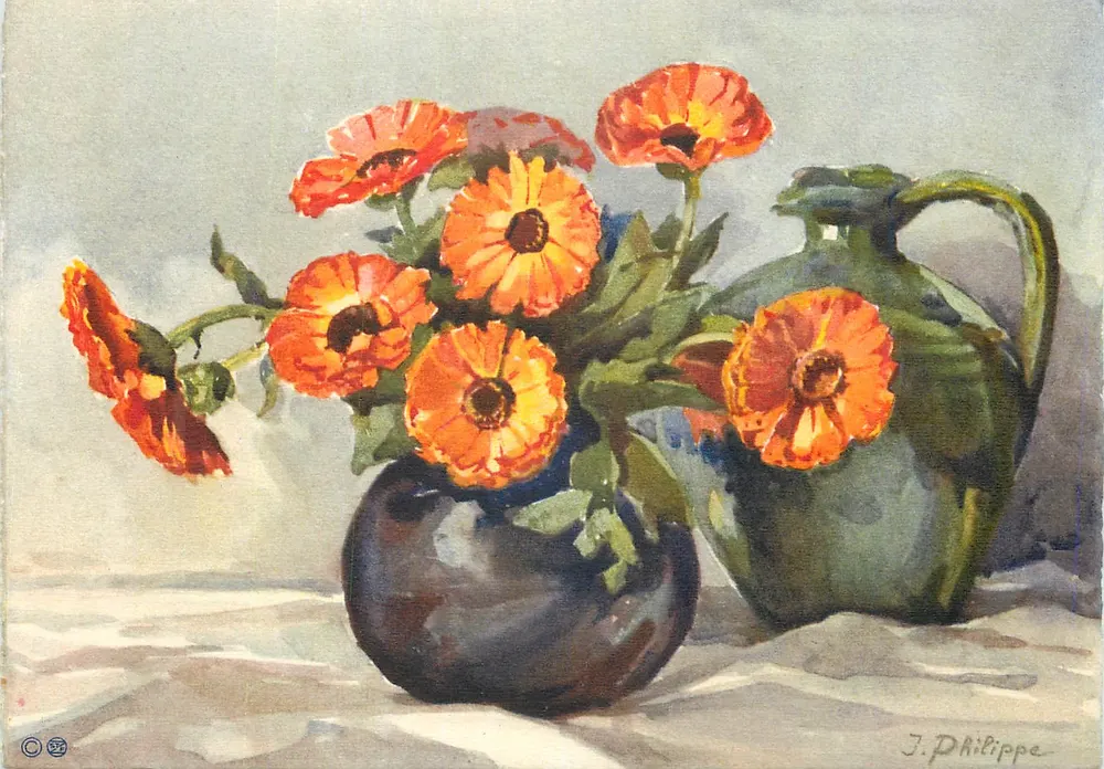 Arranjo de flores laranja — pintura a água — J. Philippe - Frente