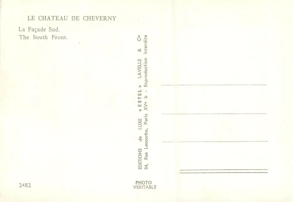 Castelo de Cheverny — Fachada Sul — Editor Estel, n° 2482 - Verso