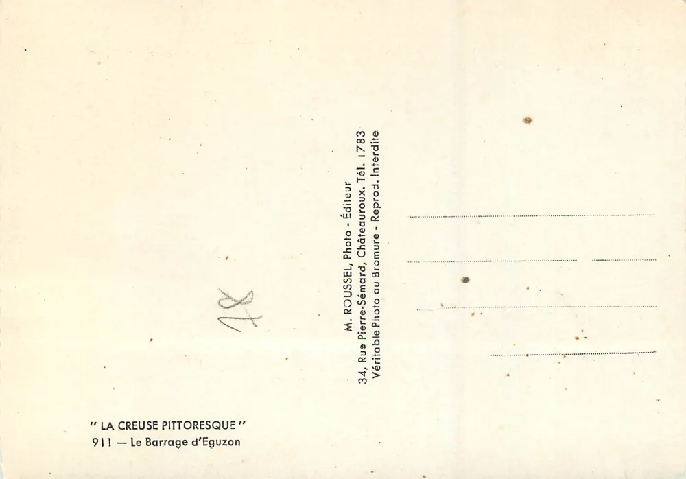 O Barragem de Eguzon — A Creuse pitoresca — M. Roussel, Fotógrafo-Editor, Châteauroux - Verso