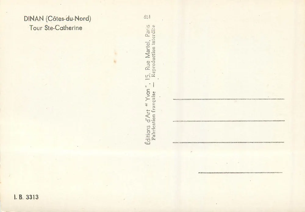 Dinan (Côtes-du-Nord) — Torre Ste-Catherine — Éditions d'Art Yvon - Verso