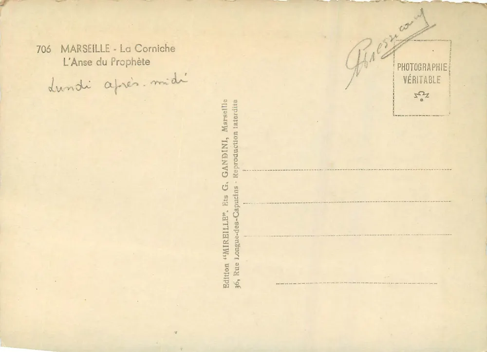 L'Anse du Prophète — Marselha — Edição Mireille - Verso