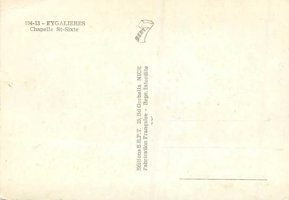 Capela São Sixto — Eygalières — Edições S.E.P.T. NICE - Verso