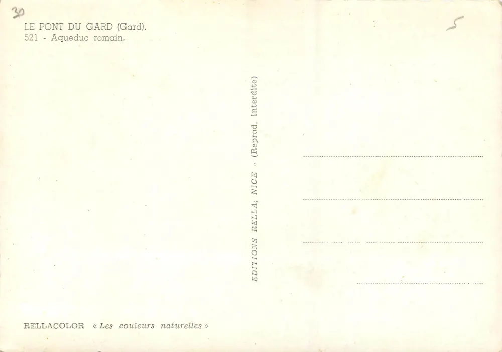 Ponte du Gard — Aqueduto romano — Éditions Rella, série 521 - Verso