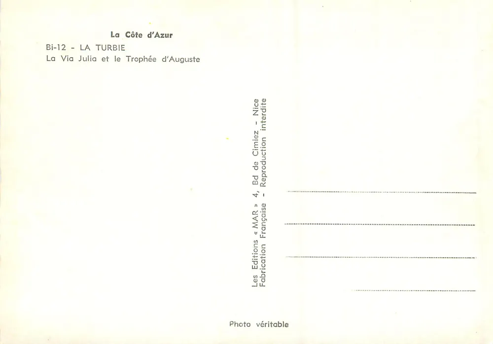Die Via Julia und das Triumphtor Augustus — La Turbie — Editions MAR, Nice - Rückseite