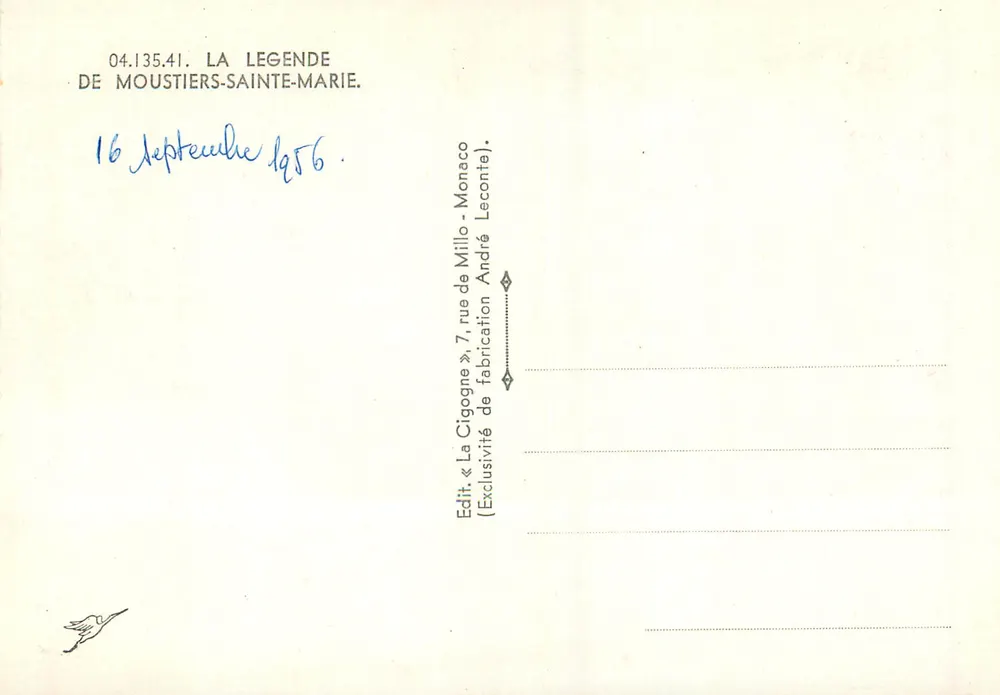The Legend of Moustiers-Sainte-Marie — Poem and Landscapes — Publ. « La Cigogne », Monaco - Back