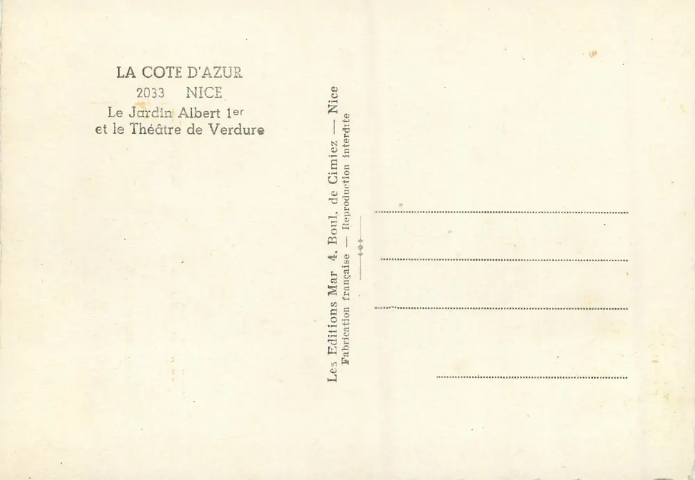 Der Albert-Garten und das Theater der Verdure — Nice — Éditions Mar - Rückseite