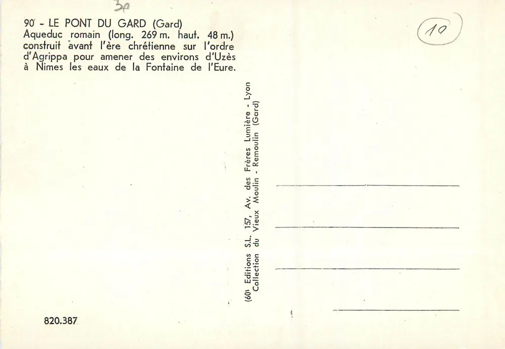 Brücke von Gard — Römisches Aquädukt — Éditions des Frères Lumières - Rückseite