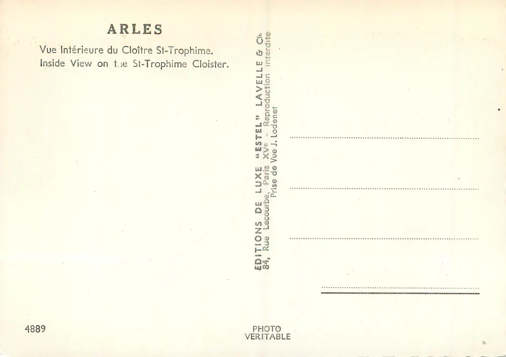 Arles — Interior do Claustro de São Trofimé — Editora Estel, n° 4889 - Verso