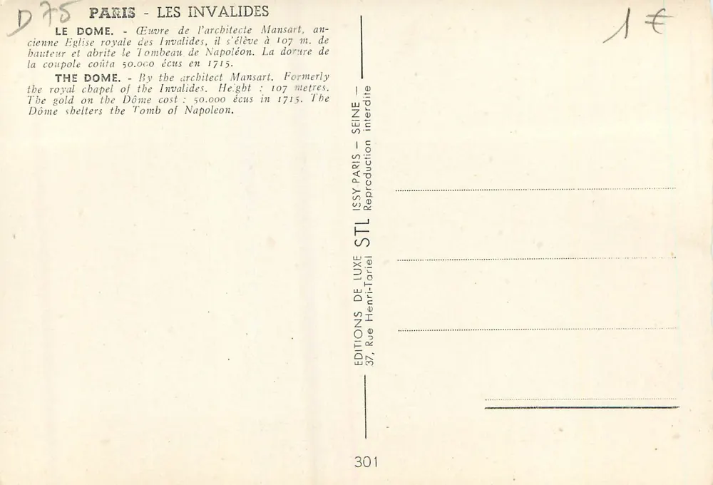 Paris - Les Invalides — Dôme — Éditeur STL, n°301 - Verso