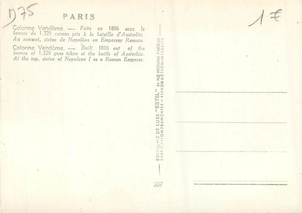 Coluna Vendôme — Paris — Editor Estel, n° 207 - Verso
