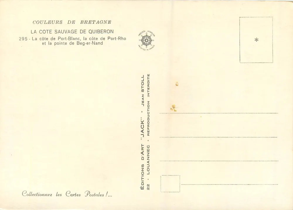 La Côte Sauvage — Quiberon, côte de Port-Blanc et pointe de Beg-er-Nand — Éditions d'Art 'Jack' Jean Stoll - Verso
