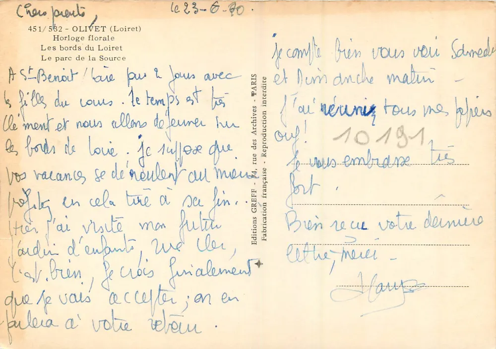 Olivet — Blütenuhr und Ufer des Loiret — Éditions GREFFE - Rückseite