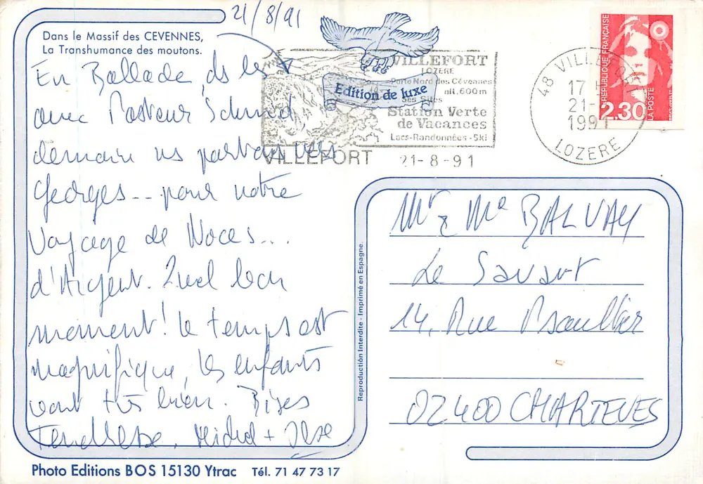 Transhumance des moutons — Massif des Cévennes — Édition de luxe, Station Verte des Sètes - Verso