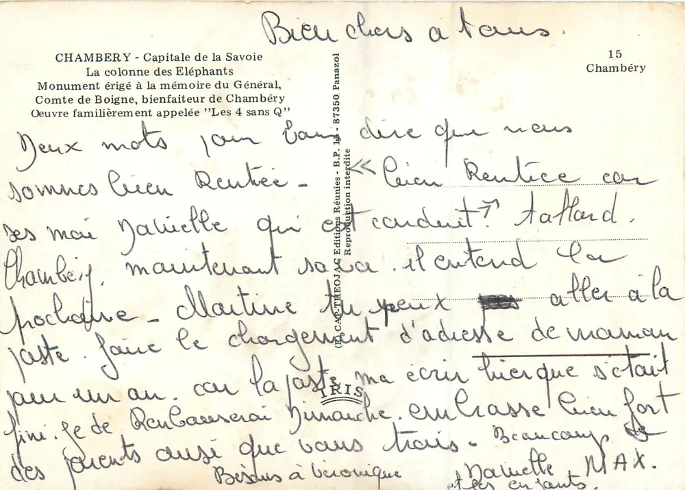 Chambéry - Colonne des Éléphants — Monument érigé à la mémoire du Général Comte de Boigne, œuvre familièrement appelée 'Les 4 sans Q' — Éditeur IRIS, n°15 - Verso