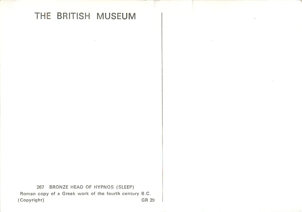 Tête en bronze de Hypnos (Sommeil) — copie romaine du IVe siècle av. J.-C. — British Museum, série 267 - Verso