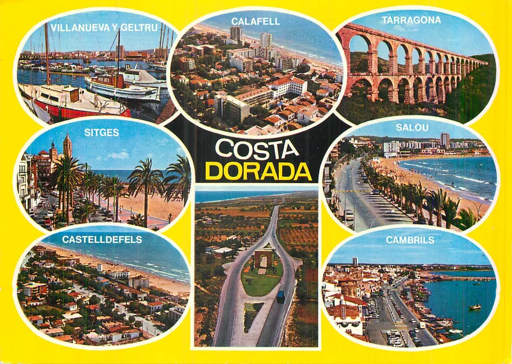 Costa Dorada — Villanueva y Geltrú, Calafell, Tarragona, Sitges, Salou, Castelldefels, Cambrils — éditeur SADASCOLOR, n° B 6604 m - Recto
