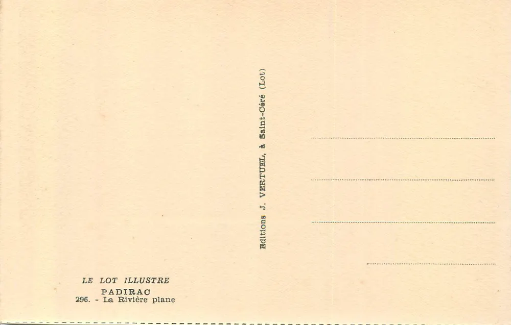 Padirac — La Rivière plane — Éditions J. Vertuël, Saint-Céré (Lot) - Verso