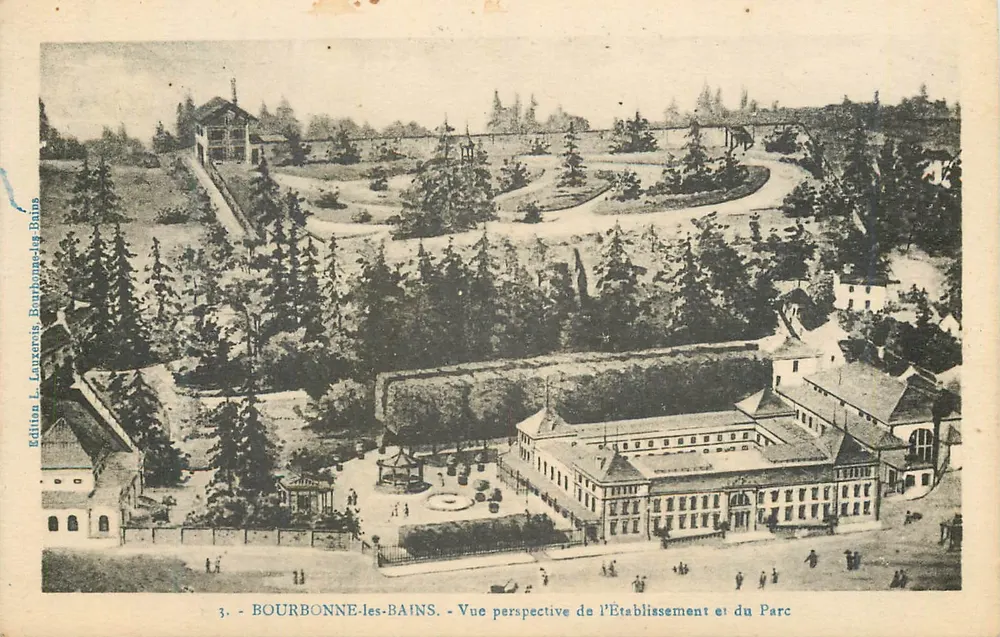 Bourbonne-les-Bains — Vue perspective de l'Établissement et du Parc — Édition L. Louxervis, Bourbonne-les-Bains, n°3 - Recto