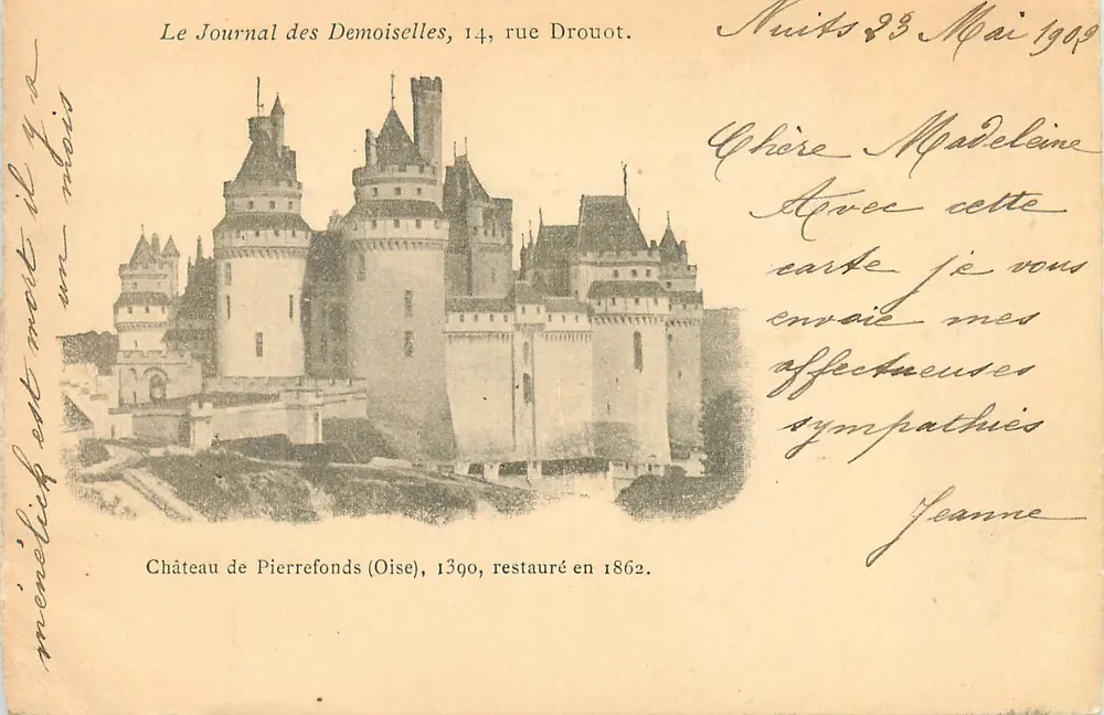 Château de Pierrefonds (Oise) — restauré en 1862 — Le Journal des Demoiselles, 14, rue Drouot - Recto
