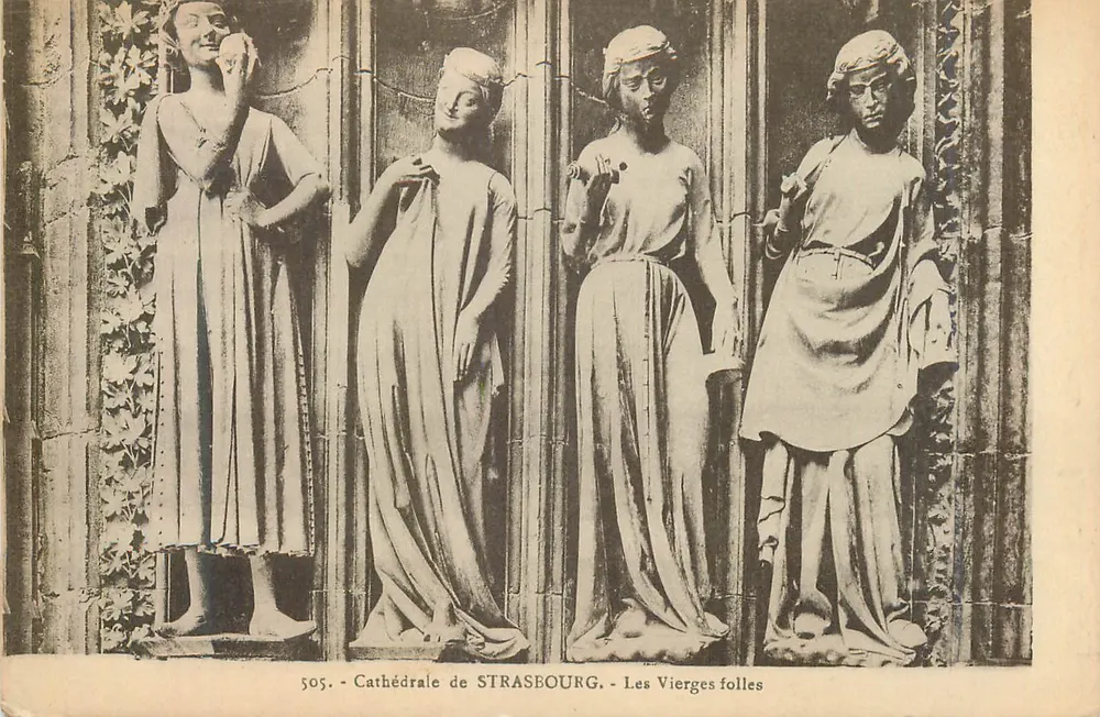 Cathédrale de Strasbourg — Les Vierges folles — Éditeur : Marquès, Strasbourg - Recto
