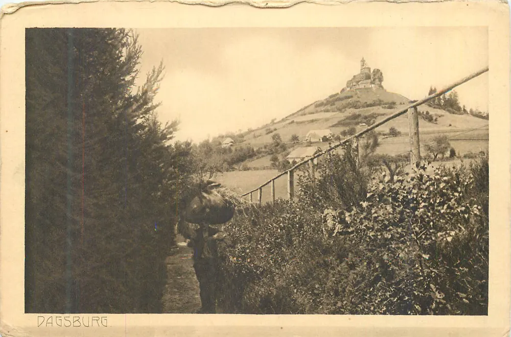 Dagsburg — vista do castelo na colina — Ilustrações de Alsácia-Lorena em Gravuras, série I n°8 - Frente