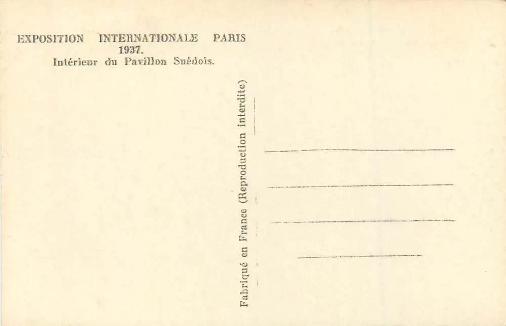 Intérieur du Pavillon Suédois — Exposition Internationale Paris 1937 — Éditeur non visible - Verso