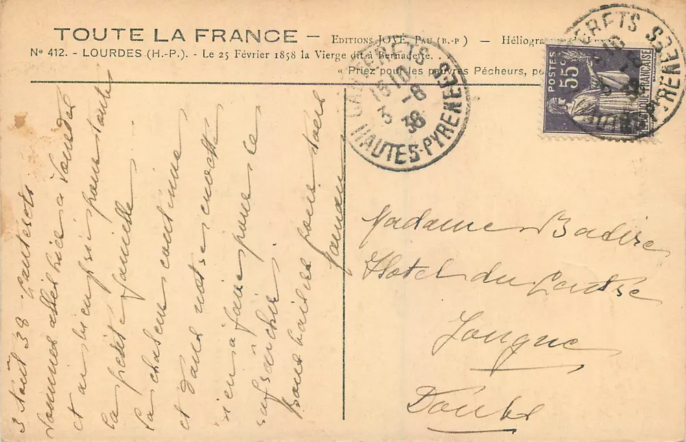 Lourdes — A Virgem chamada Bernadette — Éditions JOVÉ PAU (B.-P.) n° 412 - Verso