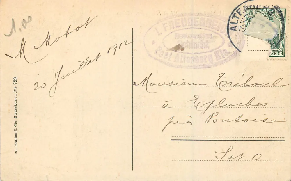 Blick auf die Berge — Hotel Altenberg und Nächster Bühel — Verlag I. Freudenreich, Altenberg - Rückseite