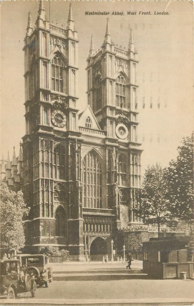 Westminster Abbey, West Front, Londen — uitzicht op de abdij met twee torens en een oud voertuig — onbekende uitgever - Voorkant