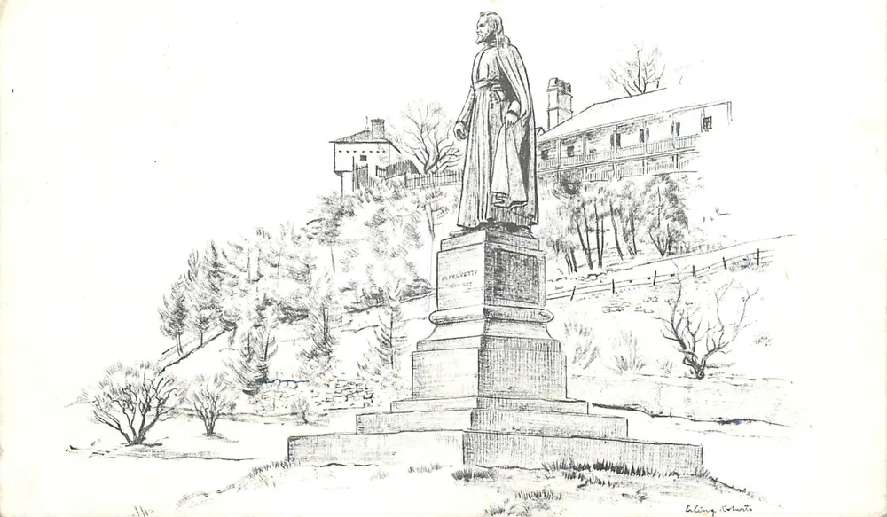 Statue de Père Marquette — Mackinac Island — dessin par Erling Roberts - Recto