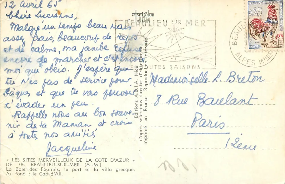 Beaulieu-sur-Mer — Ansicht der Bucht der Fourmis und des Cap d'Ail — Éditions A.D.I.A. Nice - Rückseite