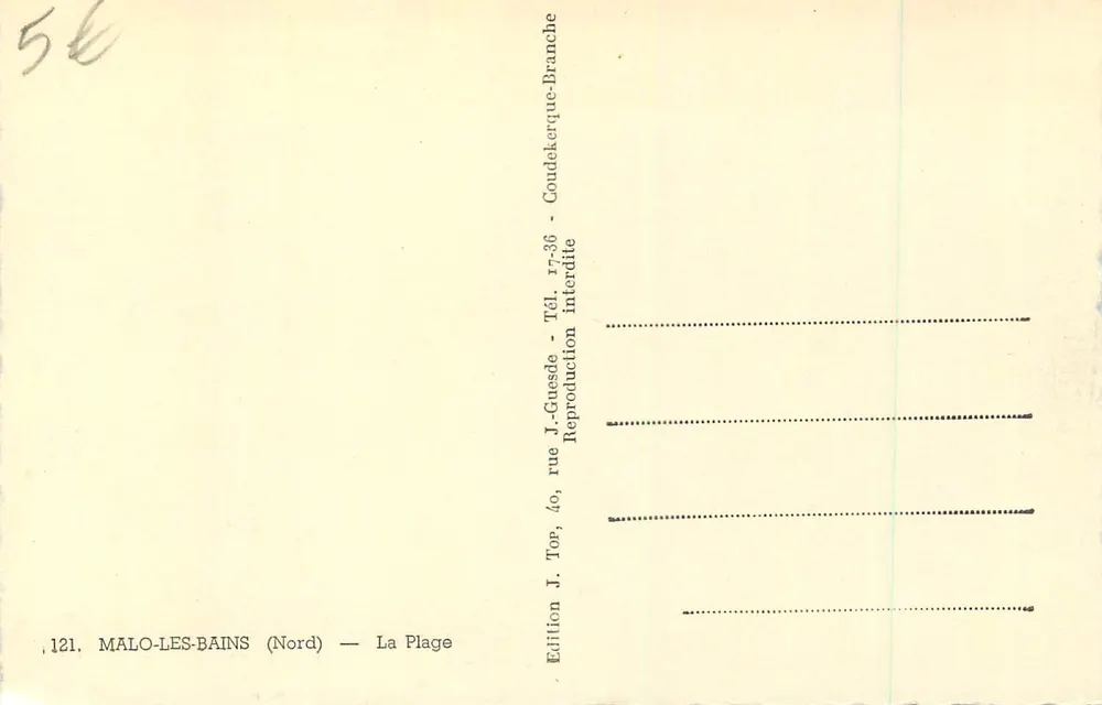 Malo-les-Bains (Nord) — A Praia — Edição J. Top - Verso