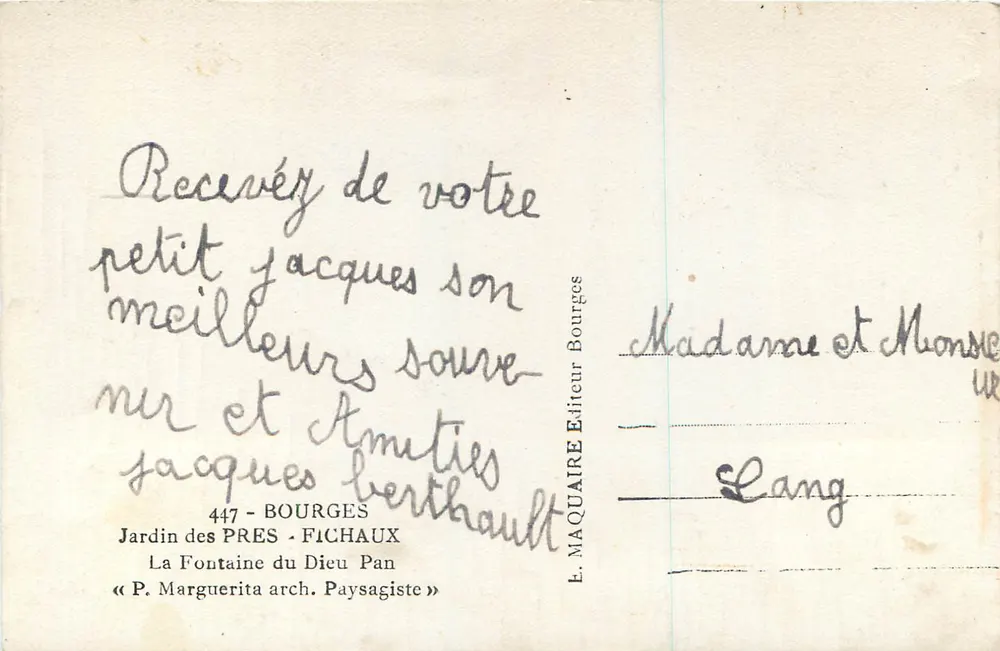 Garten der PRES - FICHAUX — Die Fontäne des Gottes Pan — P. Marguerita, Landschaftsarchitekt — E. MAQUAIRE, Verleger Bourges - Rückseite