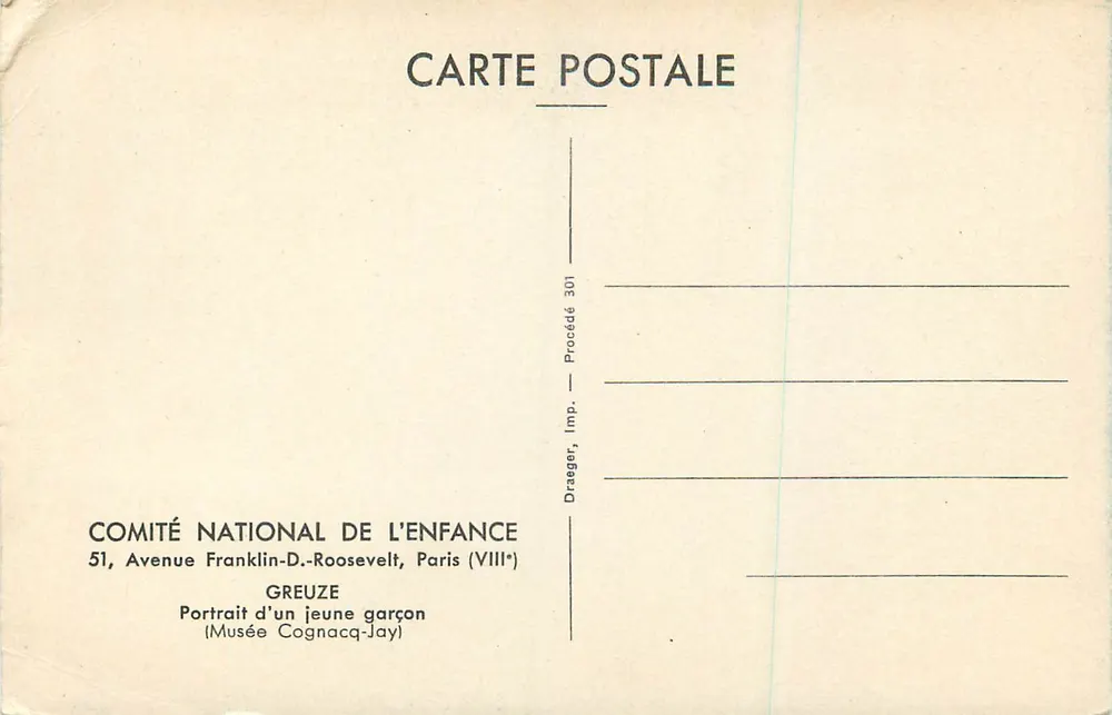 Porträt eines jungen Jungen — Greuze — Comité National de l'Enfance, Paris - Rückseite